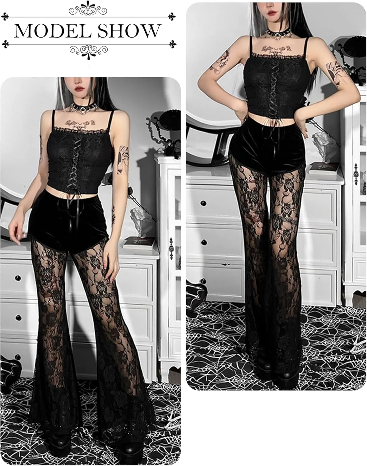 Women's Vintage Goth Velvet Flare Pants Hollow Out Lace Legging Pants High Waist Bell Bottom Trousers Clubwear S-L