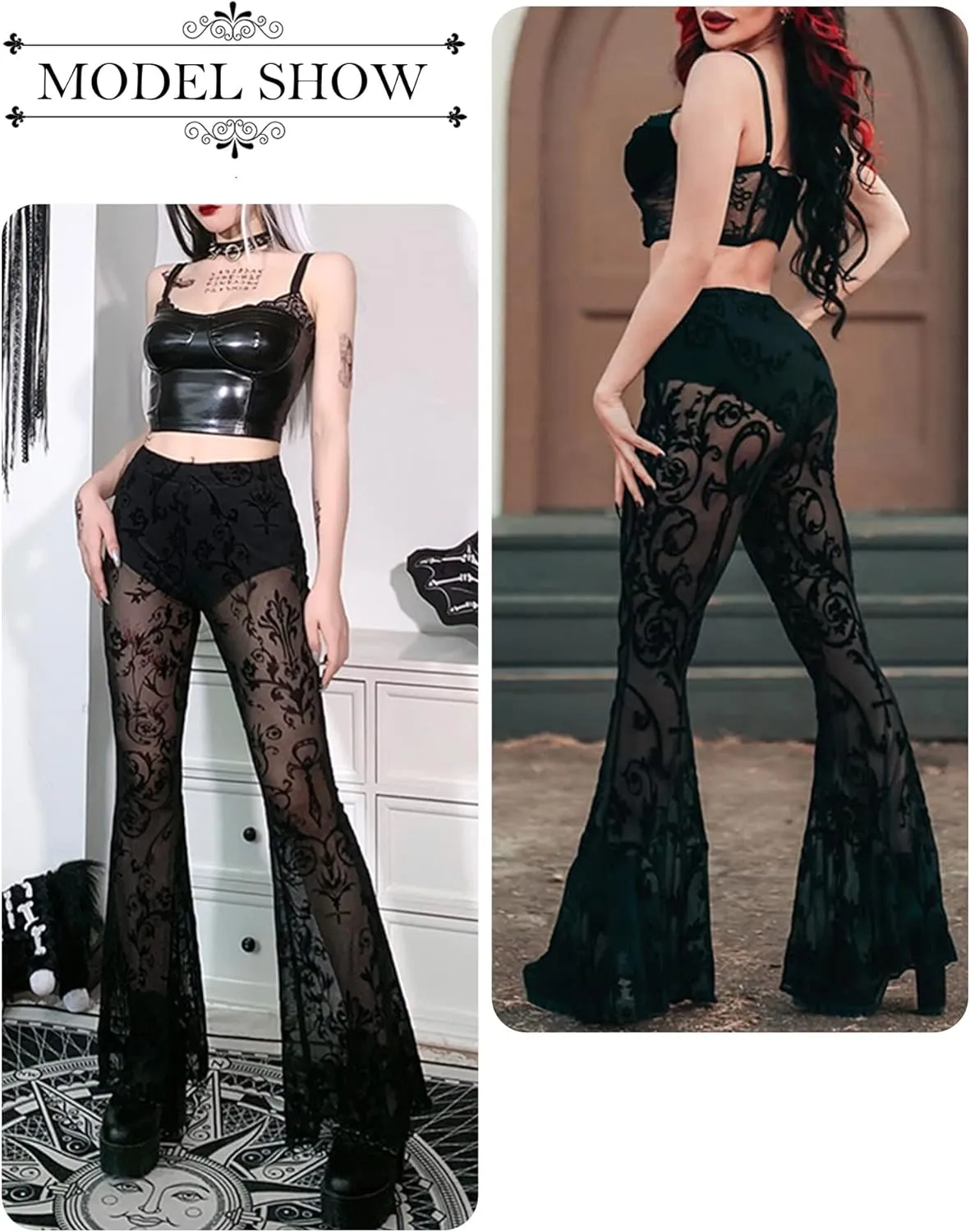 Women's Vintage Goth Velvet Flare Pants Hollow Out Lace Legging Pants High Waist Bell Bottom Trousers Clubwear S-L