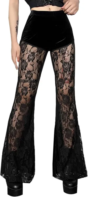 Women's Vintage Goth Velvet Flare Pants Hollow Out Lace Legging Pants High Waist Bell Bottom Trousers Clubwear S-L