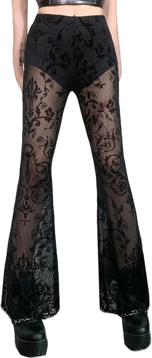 Women's Vintage Goth Velvet Flare Pants Hollow Out Lace Legging Pants High Waist Bell Bottom Trousers Clubwear S-L