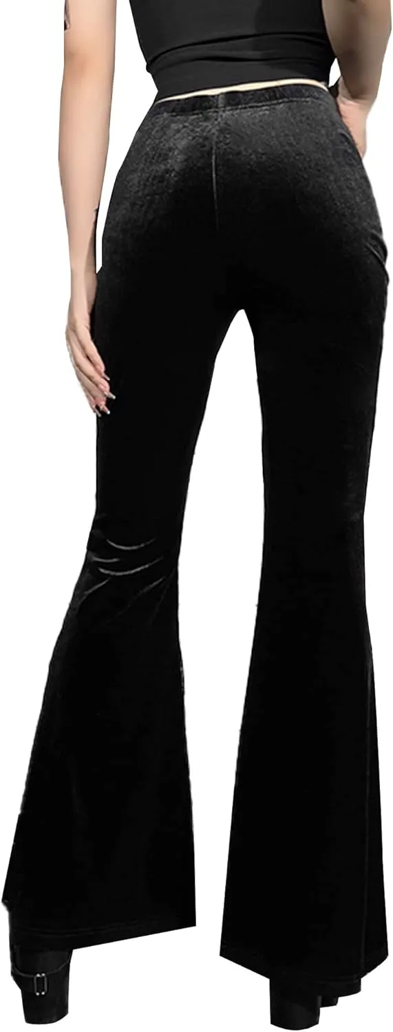 Women's Vintage Goth Velvet Flare Pants Hollow Out Lace Legging Pants High Waist Bell Bottom Trousers Clubwear S-L