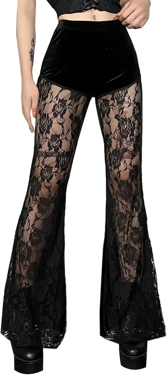 Women's Vintage Goth Velvet Flare Pants Hollow Out Lace Legging Pants High Waist Bell Bottom Trousers Clubwear S-L