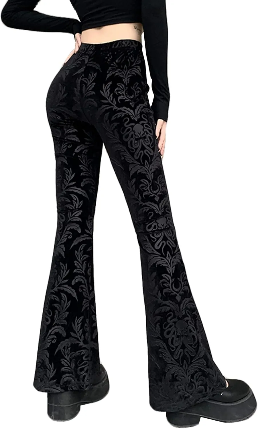 Women's Vintage Goth Velvet Flare Pants Hollow Out Lace Legging Pants High Waist Bell Bottom Trousers Clubwear S-L