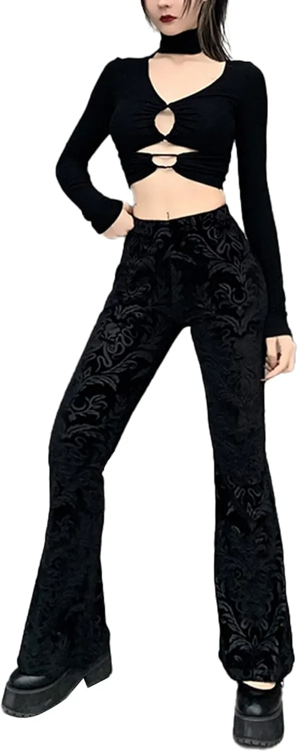 Women's Vintage Goth Velvet Flare Pants Hollow Out Lace Legging Pants High Waist Bell Bottom Trousers Clubwear S-L