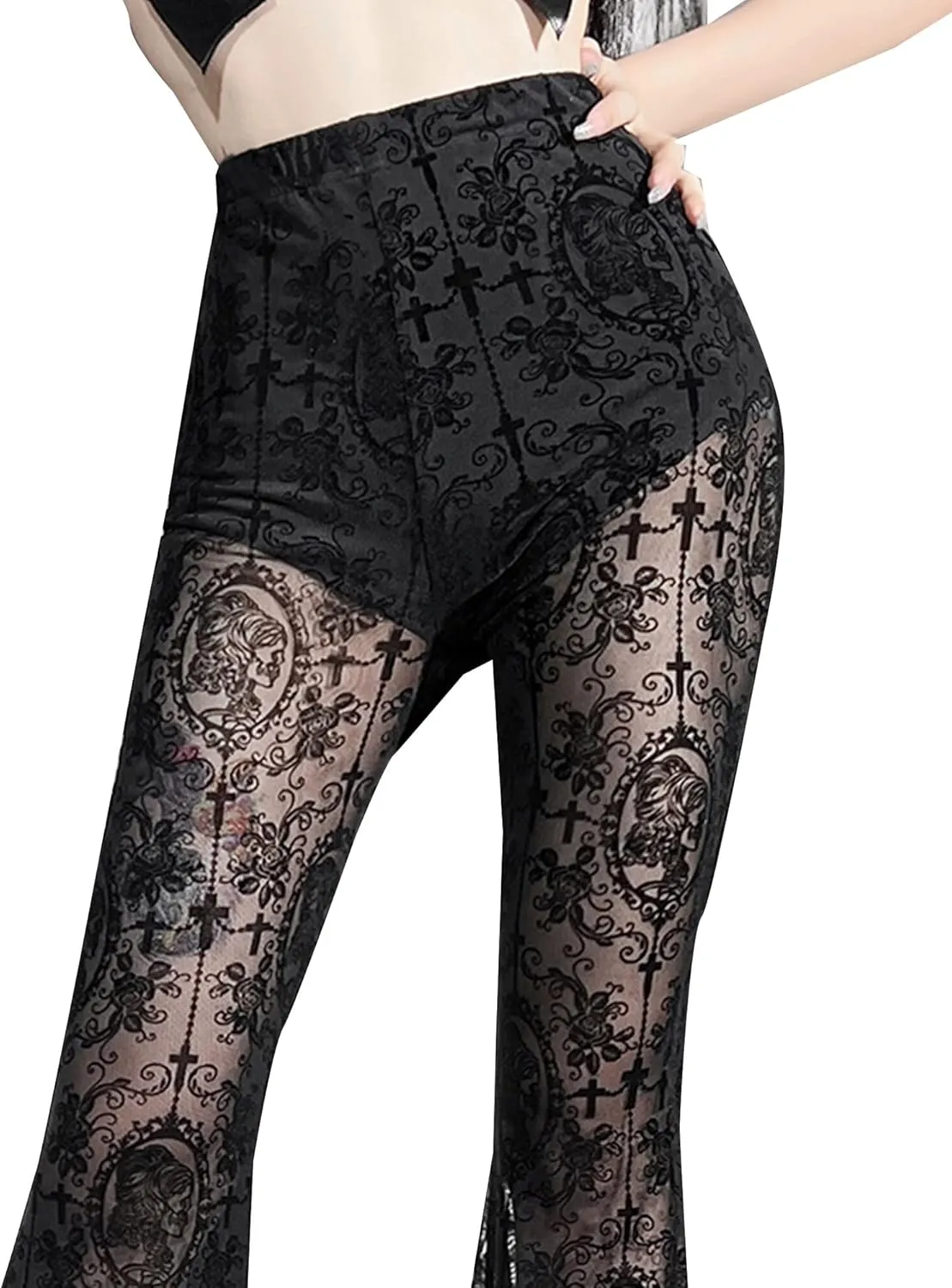 Women's Vintage Goth Velvet Flare Pants Hollow Out Lace Legging Pants High Waist Bell Bottom Trousers Clubwear S-L