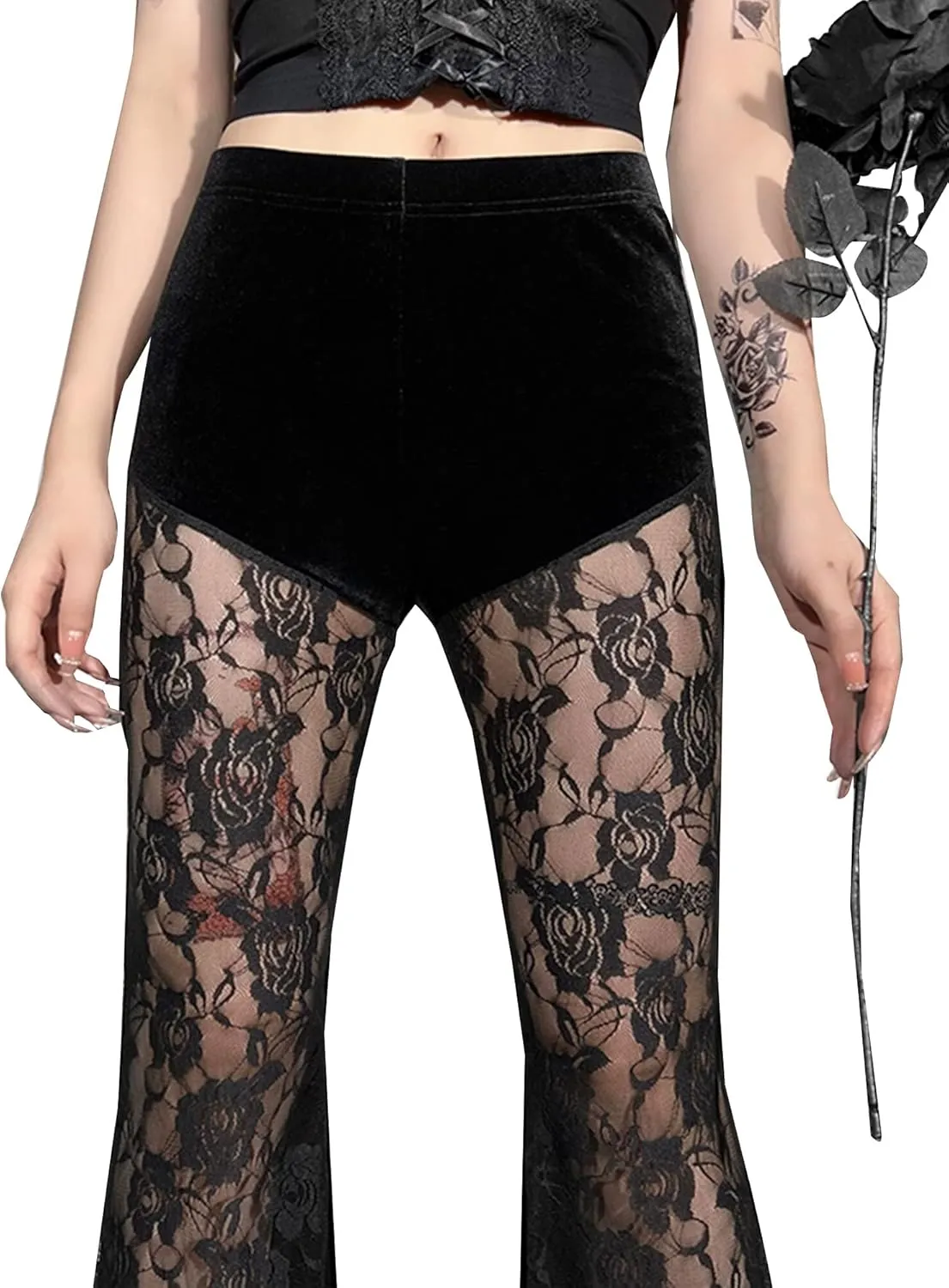 Women's Vintage Goth Velvet Flare Pants Hollow Out Lace Legging Pants High Waist Bell Bottom Trousers Clubwear S-L