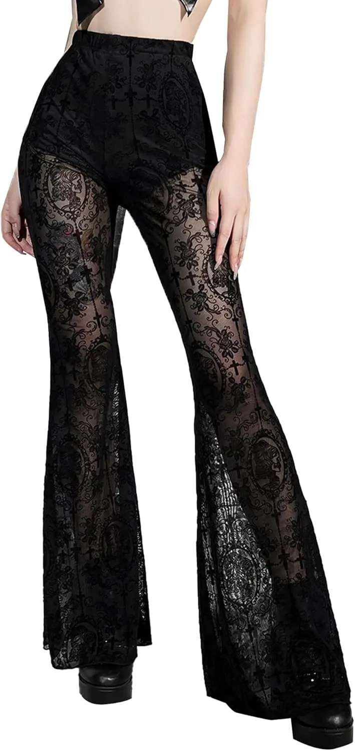 Women's Vintage Goth Velvet Flare Pants Hollow Out Lace Legging Pants High Waist Bell Bottom Trousers Clubwear S-L