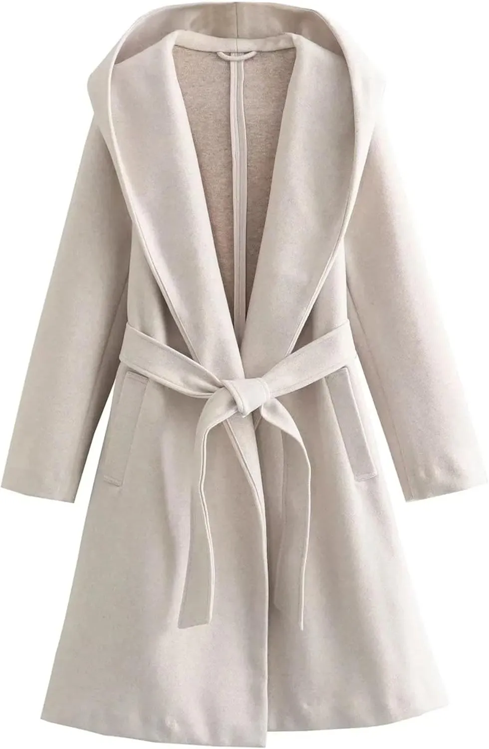 Womens Wool Blend Hooded Coats Long Sleeve Belted Trench Coat Casual Open Front Cardigan Jackets Overcoat