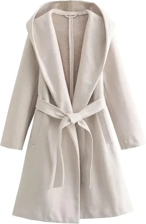 Womens Wool Blend Hooded Coats Long Sleeve Belted Trench Coat Casual Open Front Cardigan Jackets Overcoat