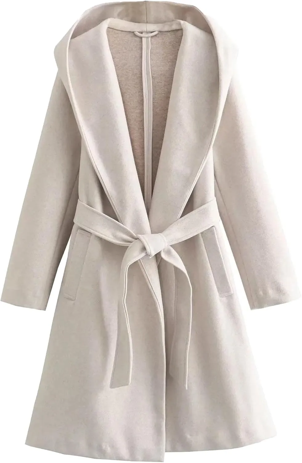 Womens Wool Blend Hooded Coats Long Sleeve Belted Trench Coat Casual Open Front Cardigan Jackets Overcoat