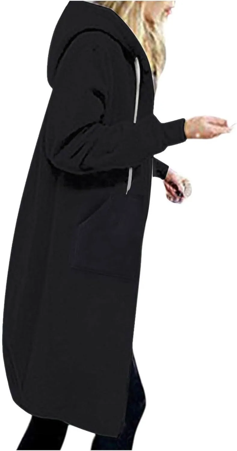 Womens Zip Up Long Hoodies Casual Drawstring Fleece Hooded Jacket Fall Winter Oversized Hoodie Coat Casual Sweatshirt