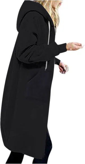 Womens Zip Up Long Hoodies Casual Drawstring Fleece Hooded Jacket Fall Winter Oversized Hoodie Coat Casual Sweatshirt