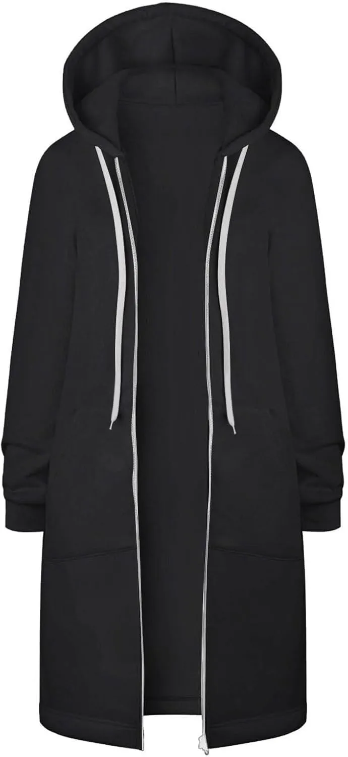 Womens Zip Up Long Hoodies Casual Drawstring Fleece Hooded Jacket Fall Winter Oversized Hoodie Coat Casual Sweatshirt