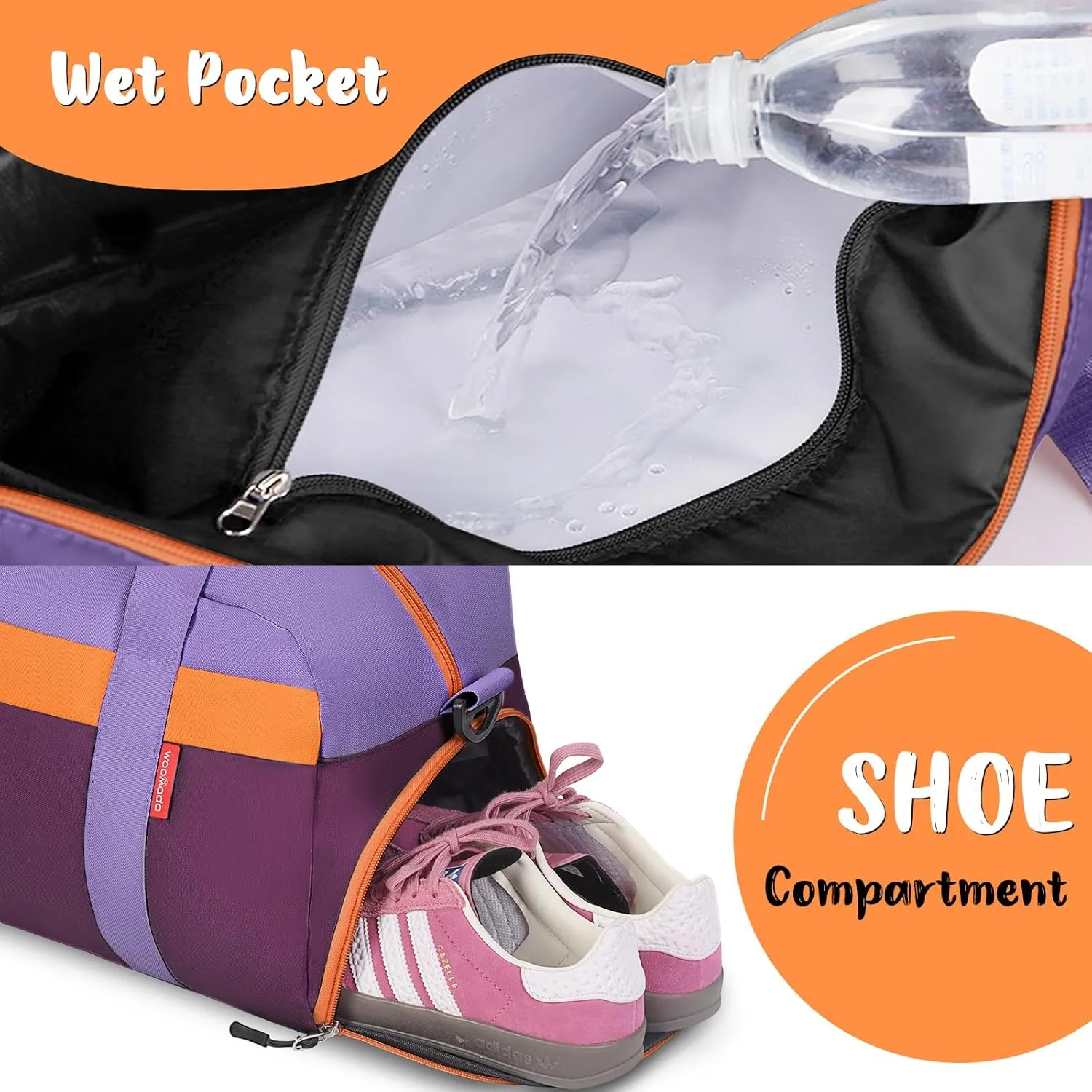 WOOMADA Travel Duffle Bag, Weekend Bag with Wet Pocket & Trolley Sleeve, Overnight Bag With Shoe Compartment, Fit for Sports Practice, Travel and Gifts(purple)
