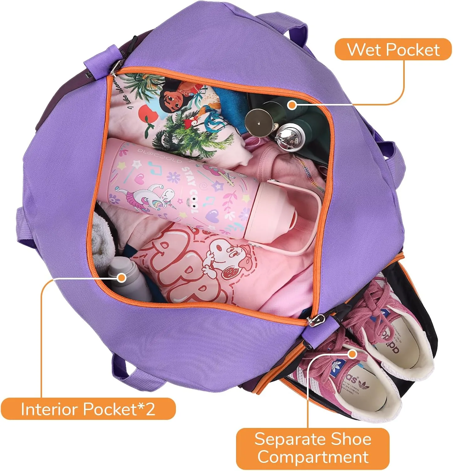 WOOMADA Travel Duffle Bag, Weekend Bag with Wet Pocket & Trolley Sleeve, Overnight Bag With Shoe Compartment, Fit for Sports Practice, Travel and Gifts(purple)