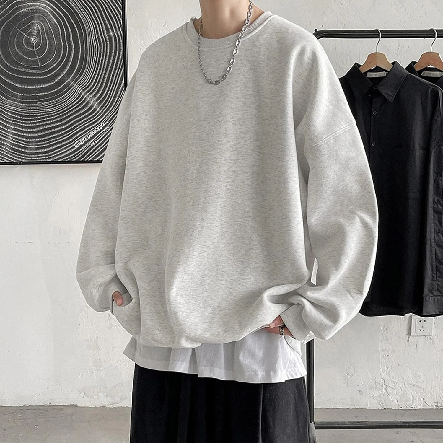 WUAI-Men Crewneck Sweatshirt Plus Size Soft Cozy Hipster Workout Loose Oversized Pullover Sweaters Thermal Jumper Tops