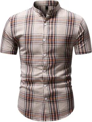 WUAI-Men Slim Fit Dress Shirt Basic Short Sleeve Checked Button Down Collared Shirt Casual Plaid Poplin Business Shirts