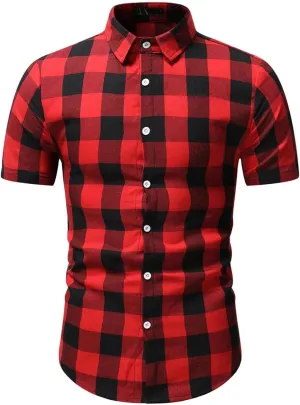 WUAI-Men Slim Fit Dress Shirt Basic Short Sleeve Checked Button Down Collared Shirt Casual Plaid Poplin Business Shirts