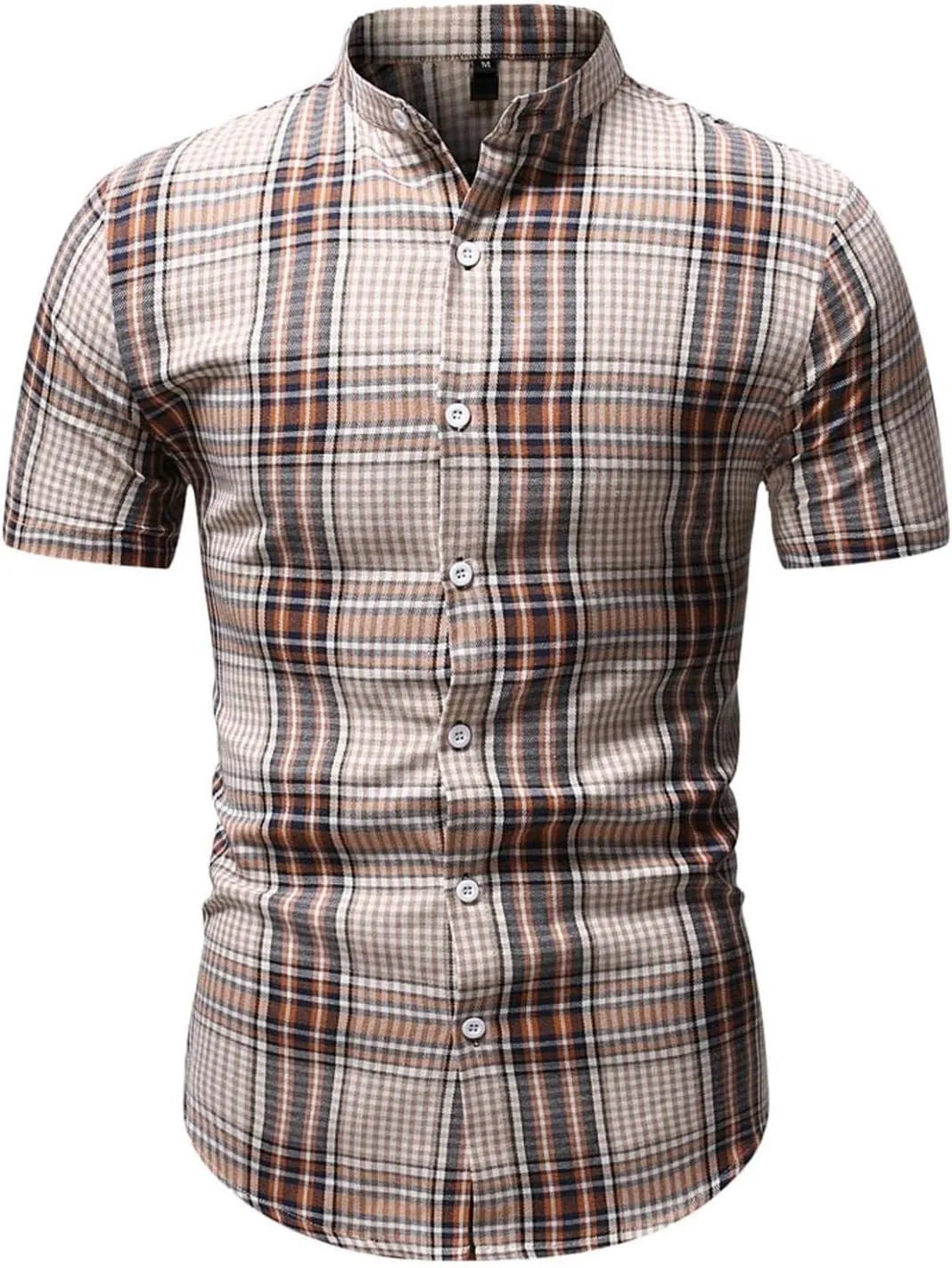 WUAI-Men Slim Fit Dress Shirt Basic Short Sleeve Checked Button Down Collared Shirt Casual Plaid Poplin Business Shirts