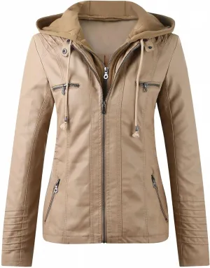 WUAI-Women Plus Size Faux Leather Jackets Hoodies Full Zip Casual Classy Warm Utility Motorcycle Coat Fall Clothes