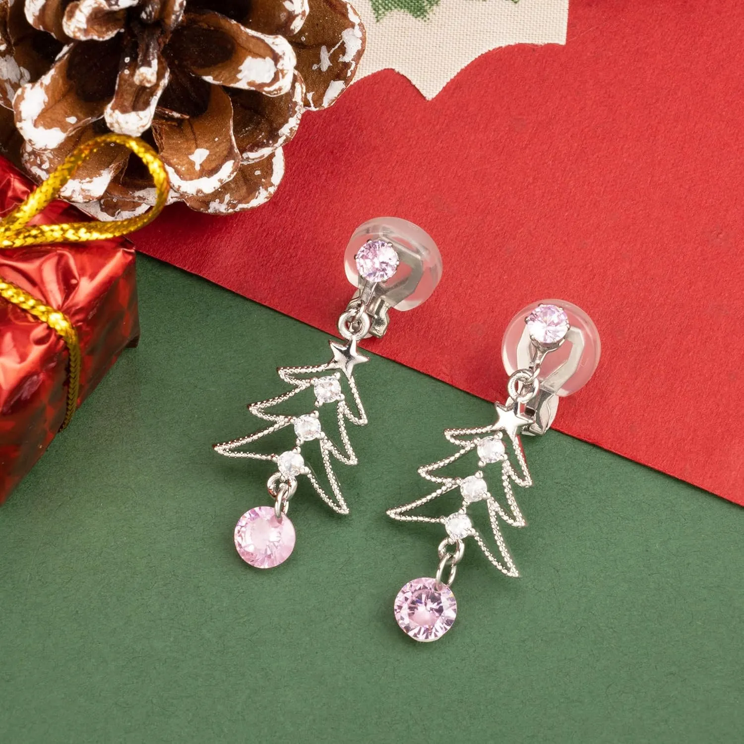 XGALBLA Cute Christmas Tree Clip on/Pierced Earrings for Women Xmas Clear Crystal Christmas Tree Dangle Earrings Christmas Accessory Gift
