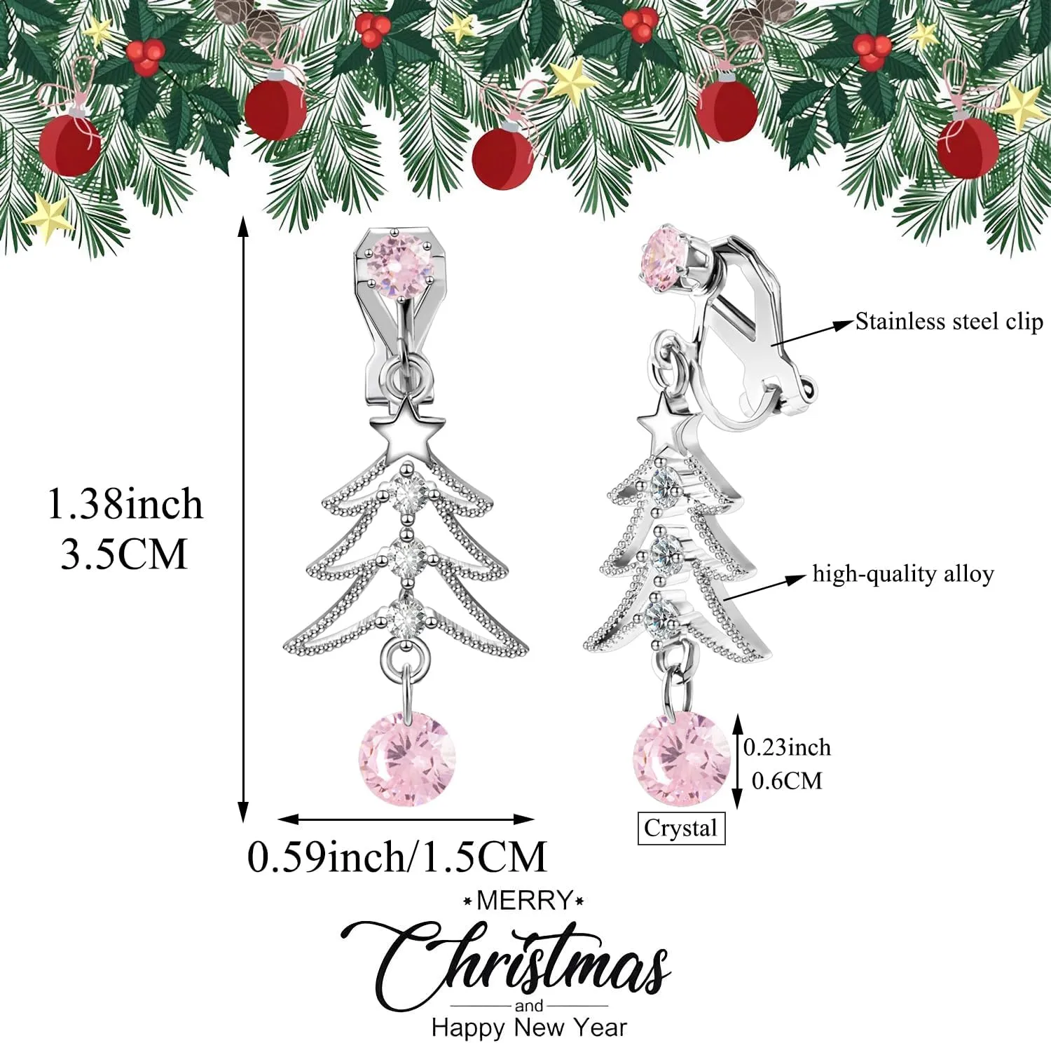 XGALBLA Cute Christmas Tree Clip on/Pierced Earrings for Women Xmas Clear Crystal Christmas Tree Dangle Earrings Christmas Accessory Gift