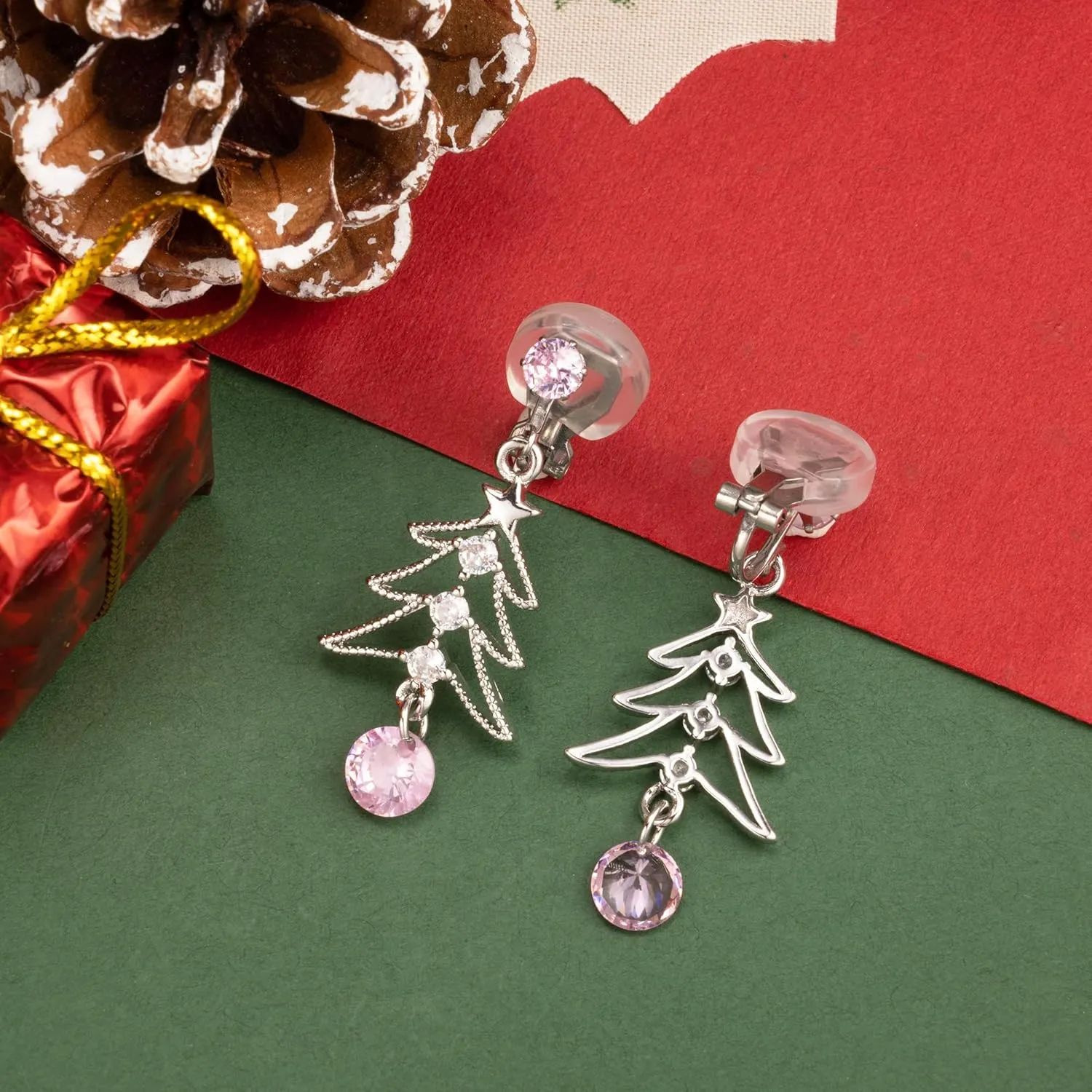 XGALBLA Cute Christmas Tree Clip on/Pierced Earrings for Women Xmas Clear Crystal Christmas Tree Dangle Earrings Christmas Accessory Gift