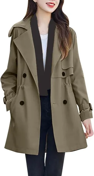 XUNRYAN Girls Classic Trench Coat Long Jackets Notch Lapel Button Double-Breasted Peacoat Trendy Coats Casual Outwear Pockets