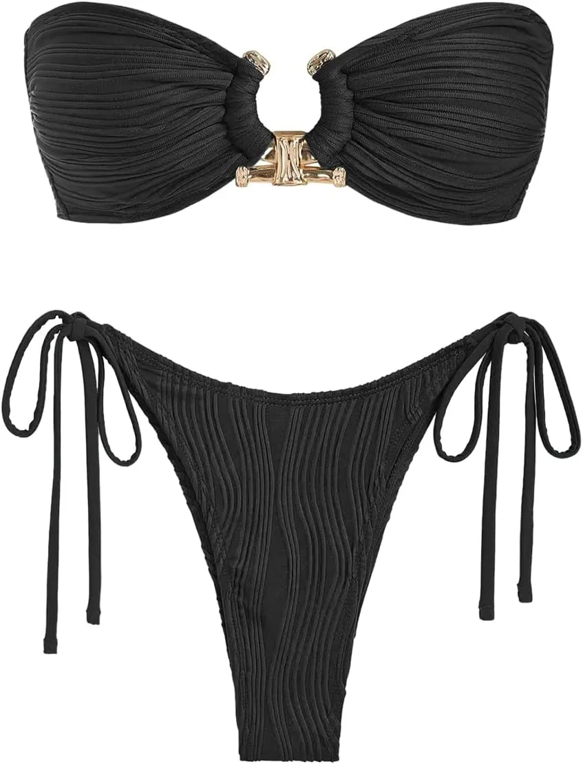 ZAFUL Women Bikini Sets Ribbed Textured Metal Two Piece Adjustable Tie Back Bandeau Bathing Suit Tie Side High Cut Swimsuit