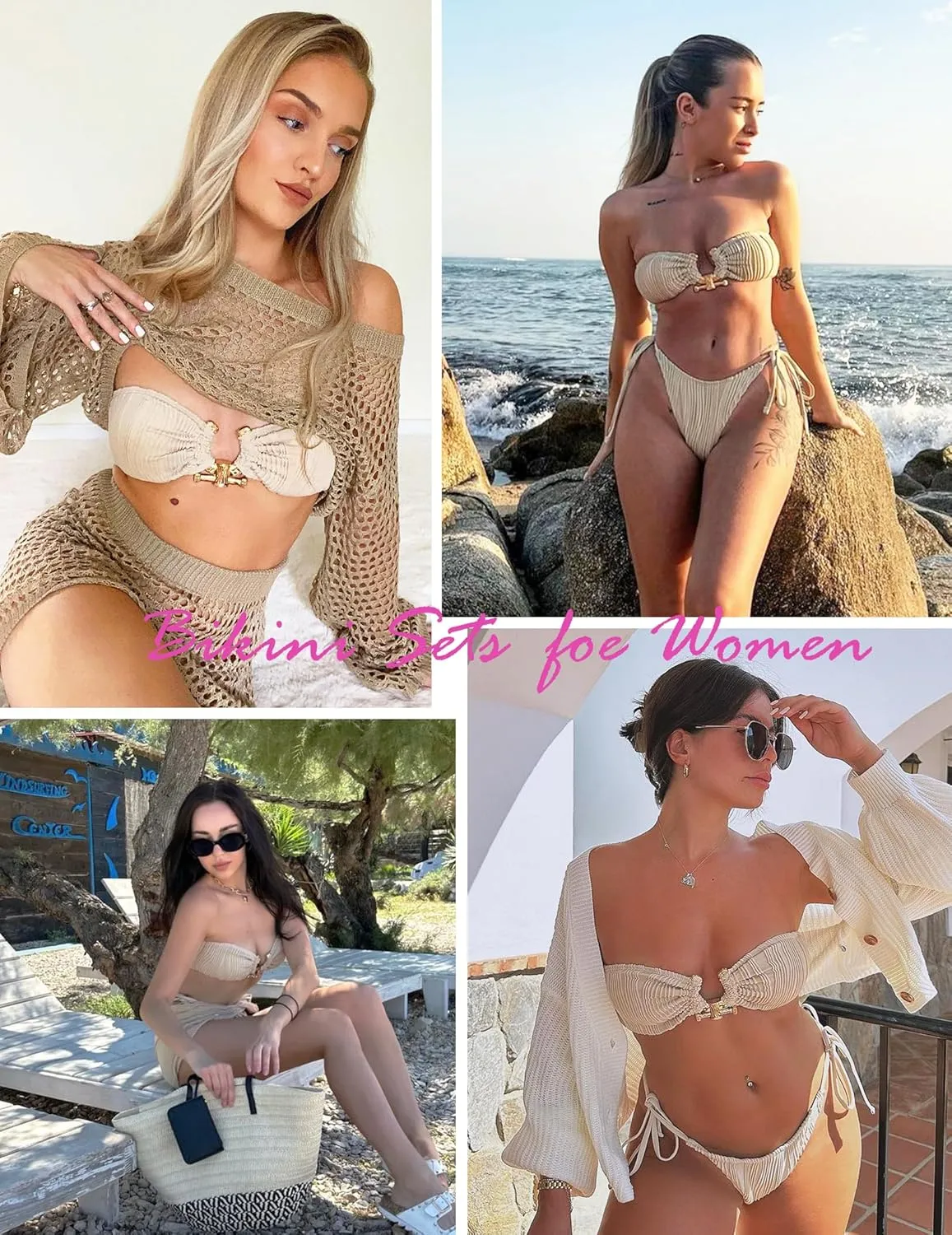 ZAFUL Women Bikini Sets Ribbed Textured Metal Two Piece Adjustable Tie Back Bandeau Bathing Suit Tie Side High Cut Swimsuit