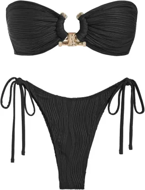 ZAFUL Women Bikini Sets Ribbed Textured Metal Two Piece Adjustable Tie Back Bandeau Bathing Suit Tie Side High Cut Swimsuit
