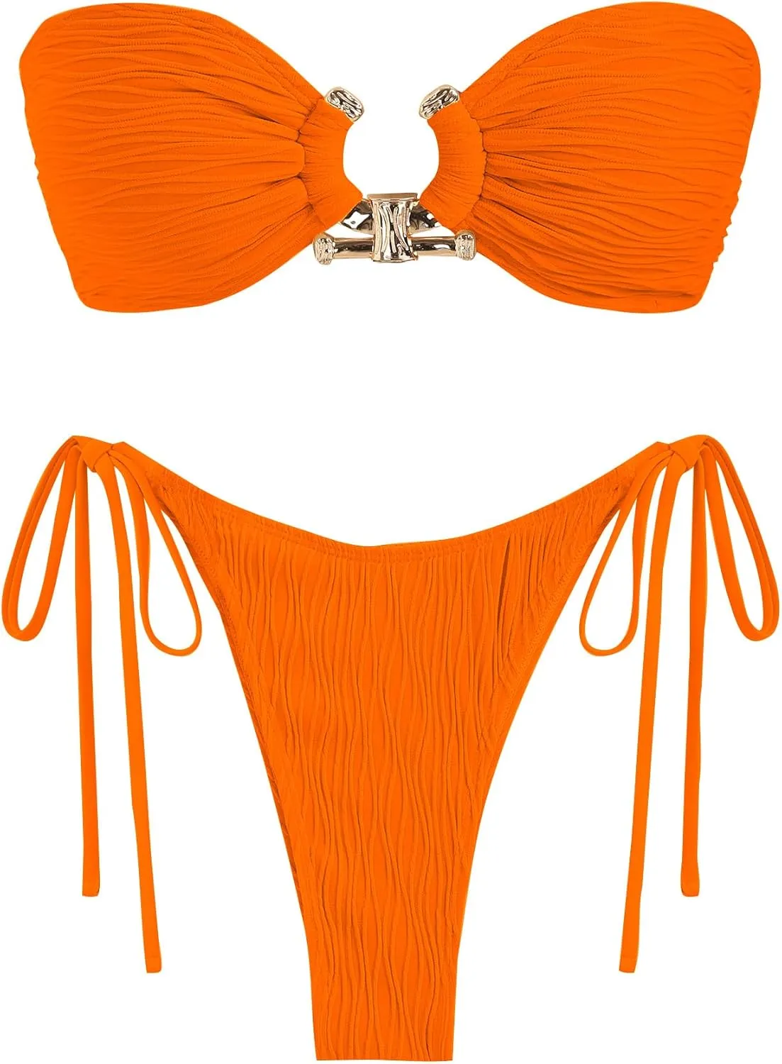 ZAFUL Women Bikini Sets Ribbed Textured Metal Two Piece Adjustable Tie Back Bandeau Bathing Suit Tie Side High Cut Swimsuit