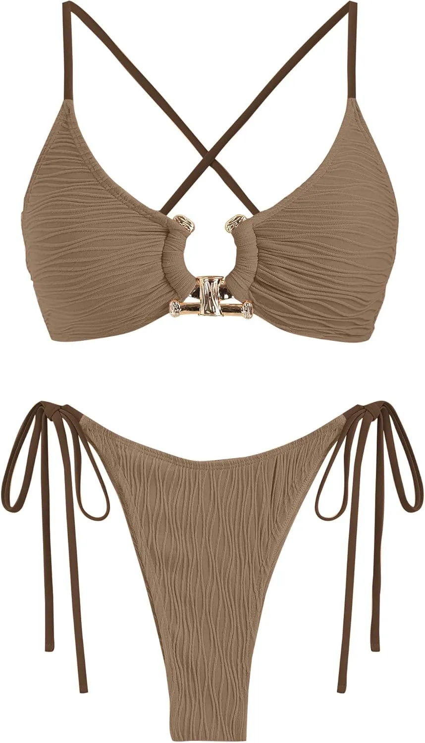 ZAFUL Women's Bikini Sets Ribbed Metal O Ring Criss Cross Two Piece Swimsuit Cheeky High Cut Side Tie Thong Bathing Suit