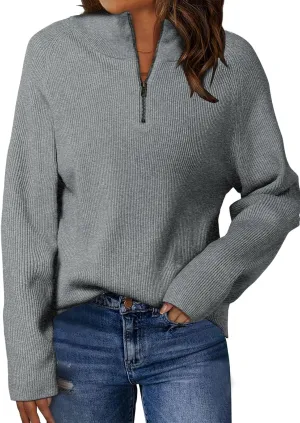 ZANZEA Quarter Zip Pullover Women Long Sleeve Knit Sweater V Neck Fall Tops Fashion Clothes 2024