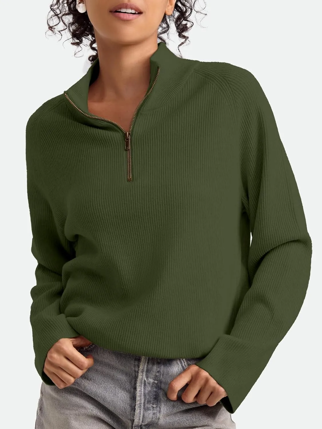 ZANZEA Quarter Zip Pullover Women Long Sleeve Knit Sweater V Neck Fall Tops Fashion Clothes 2024