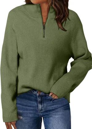 ZANZEA Quarter Zip Pullover Women Long Sleeve Knit Sweater V Neck Fall Tops Fashion Clothes 2024
