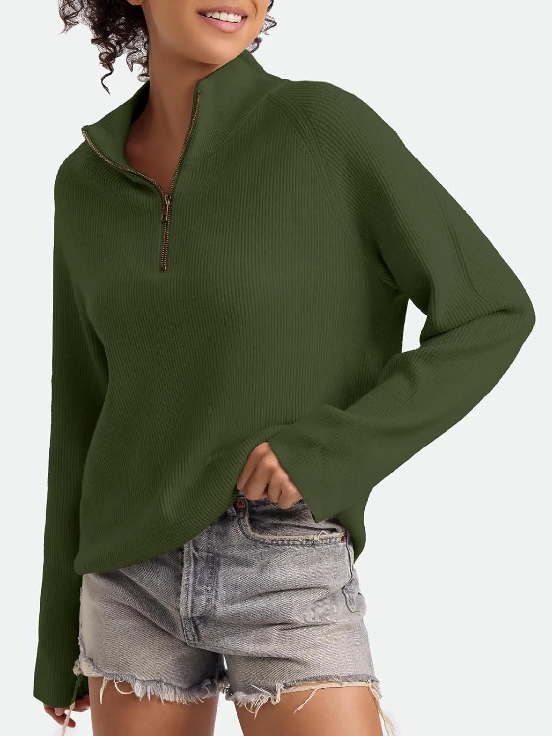 ZANZEA Quarter Zip Pullover Women Long Sleeve Knit Sweater V Neck Fall Tops Fashion Clothes 2024
