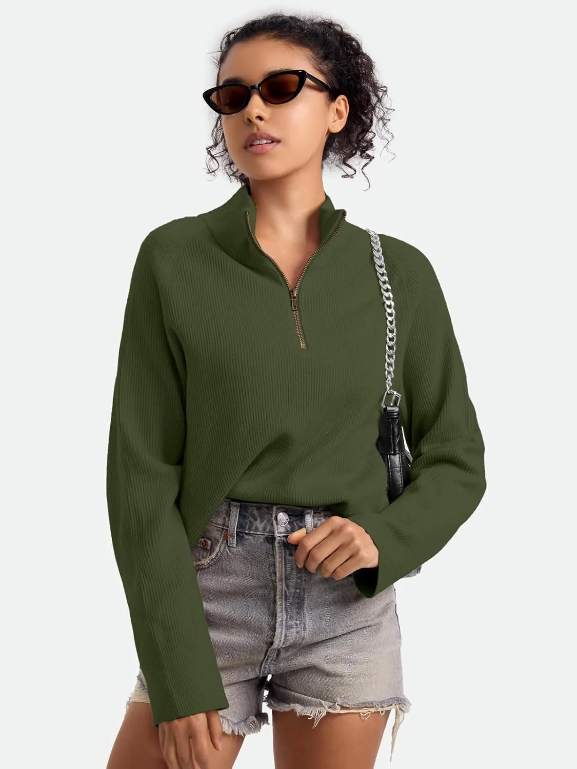 ZANZEA Quarter Zip Pullover Women Long Sleeve Knit Sweater V Neck Fall Tops Fashion Clothes 2024