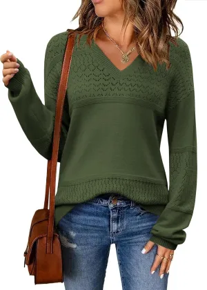 Zeagoo Womens 2025 Fall Sweaters Casual Long Sleeve Ribbed Knit Pullover V Neck Lightweight Crochet Pullover Sweater Top