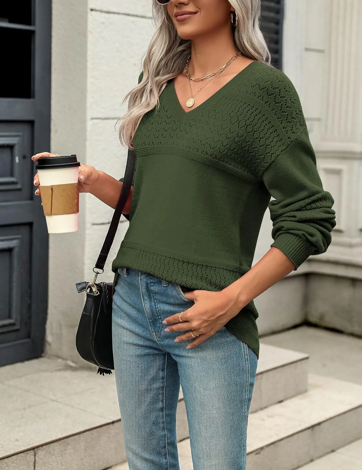 Zeagoo Womens 2025 Fall Sweaters Casual Long Sleeve Ribbed Knit Pullover V Neck Lightweight Crochet Pullover Sweater Top
