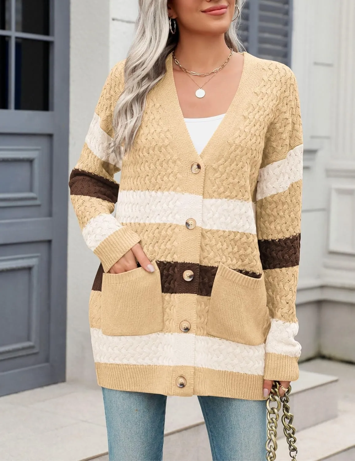 Zeagoo Womens 2025 Long Sleeve Chunky Cable Knit Fall Cardigans Sweaters Button Down Open Front Outerwear with Pockets