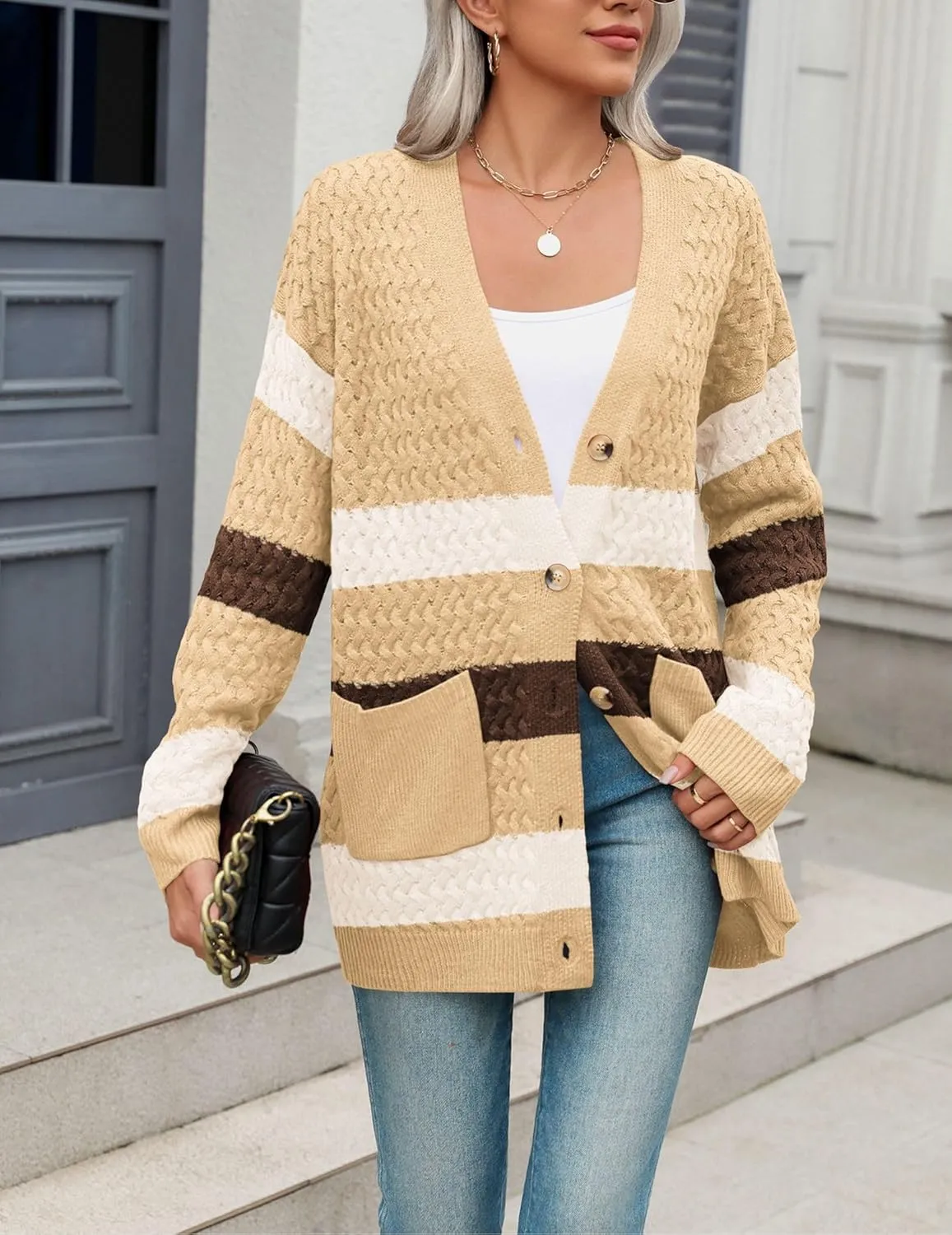 Zeagoo Womens 2025 Long Sleeve Chunky Cable Knit Fall Cardigans Sweaters Button Down Open Front Outerwear with Pockets
