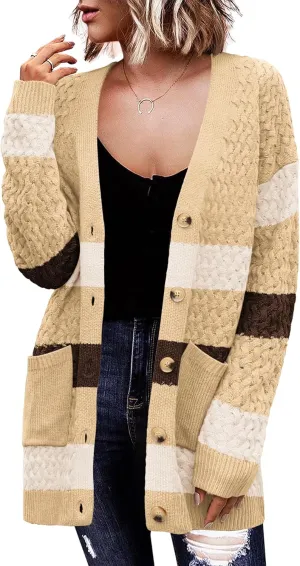 Zeagoo Womens 2025 Long Sleeve Chunky Cable Knit Fall Cardigans Sweaters Button Down Open Front Outerwear with Pockets
