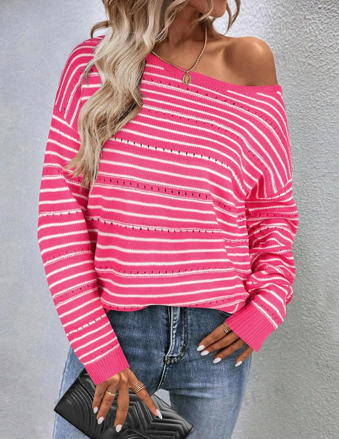 Zeagoo Womens Sweaters Cute Long Sleeve Off The Shoulder Pullover Tops Hollow Out Crochet Dressy Casual Outfits