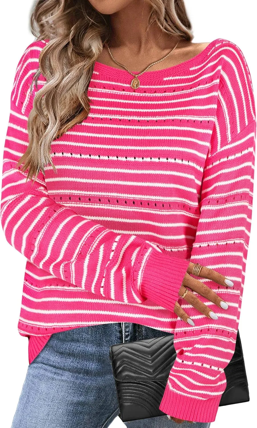 Zeagoo Womens Sweaters Cute Long Sleeve Off The Shoulder Pullover Tops Hollow Out Crochet Dressy Casual Outfits