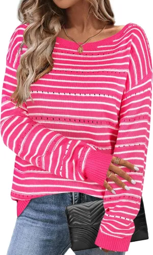 Zeagoo Womens Sweaters Cute Long Sleeve Off The Shoulder Pullover Tops Hollow Out Crochet Dressy Casual Outfits