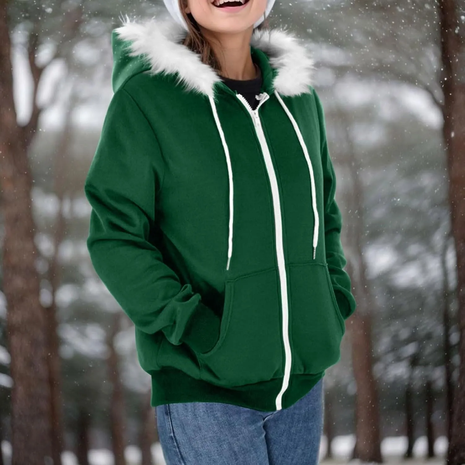 Zip Up Hoodie Women Fleece Lined Zip Up Jackets Casual Loose Drawstring Plain Hooded Sweatshirt with Pockets