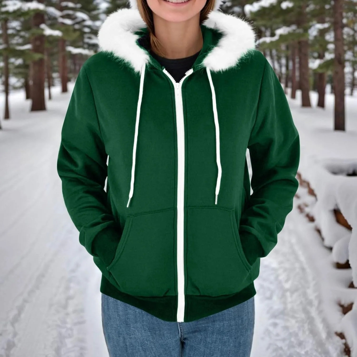 Zip Up Hoodie Women Fleece Lined Zip Up Jackets Casual Loose Drawstring Plain Hooded Sweatshirt with Pockets