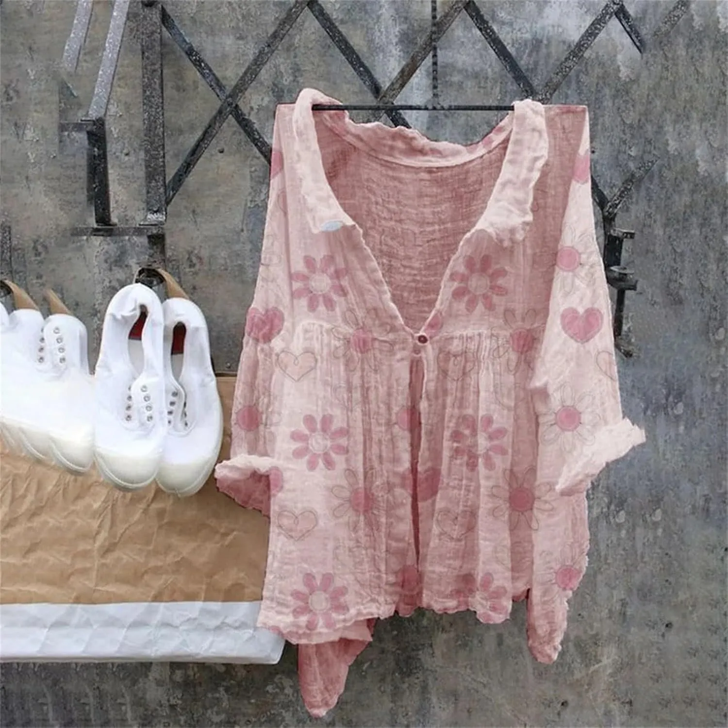 ZYXTIM Women Cotton Linen Floral Print 3/4 Sleeve Tunic Shirt Plus Size Loose Lightweight Casual V Neck Peasant Summer Tops