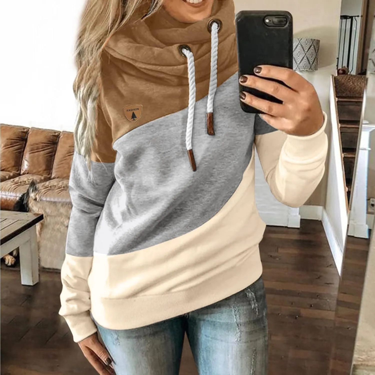ZYXTIM Womens High Cowl Neck Hoodies, Oversize Long Sleeve Drawstring Pullover Tops Solid Casual Tunic Warm Fall Sweatshirts